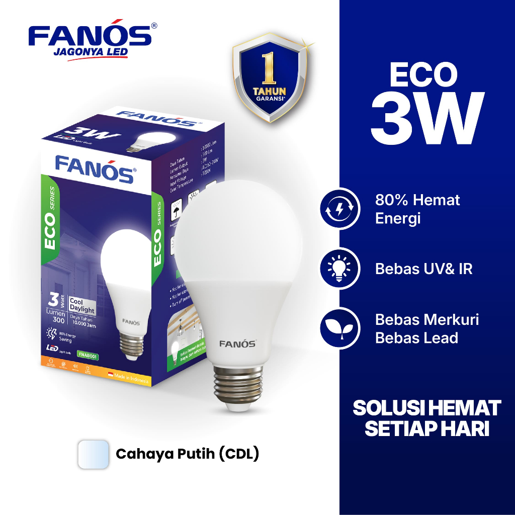 Fanos Eco 3W Lampu LED Bohlam Cahaya Putih Cool Daylight Bergaransi