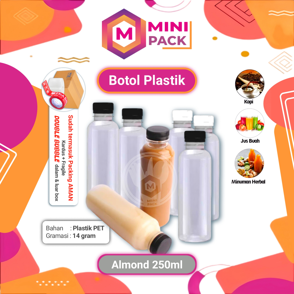 Botol Almond 250ml + Tutup Plastik Transparan Puding Susu Segar Kedelai Jamu Sirup 250ml 250 ml Kopi