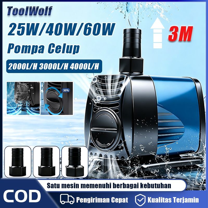 ToolWolf Pompa Celup Kolam Power Head 2000L/H 3000L/H 4000L/H Aquarium Pompa Celup 3M Ikan Ori Mesin