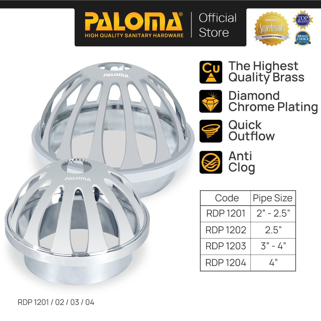 PALOMA Roof Drain Lantai Atap Talang Air Saringan Got Balkon Brass Kuningan Chrome Krom RDP 1201 RDP