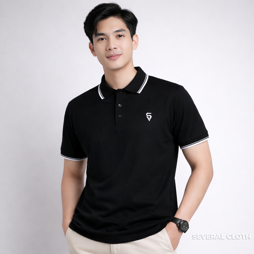 Kaos Polo Pria Hitam Navy Premium List Putih | Baju Kerah Cowok Casual Elegan Reguler Fit Kekinian