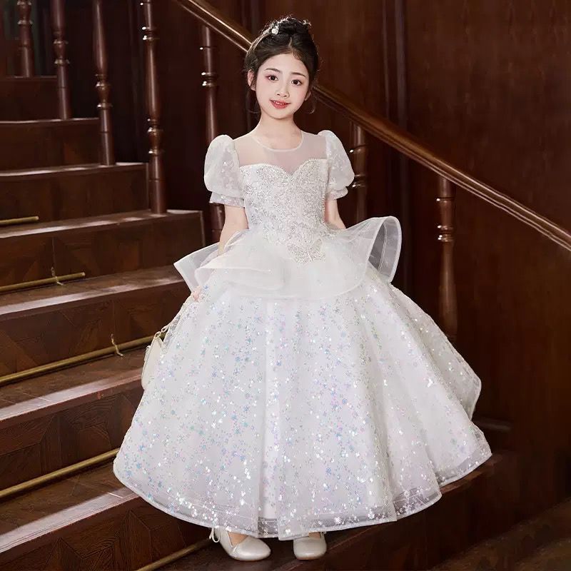 gaun dress putih manik soft pink gaun pesta anak lengan pendek gaun panjang mewah