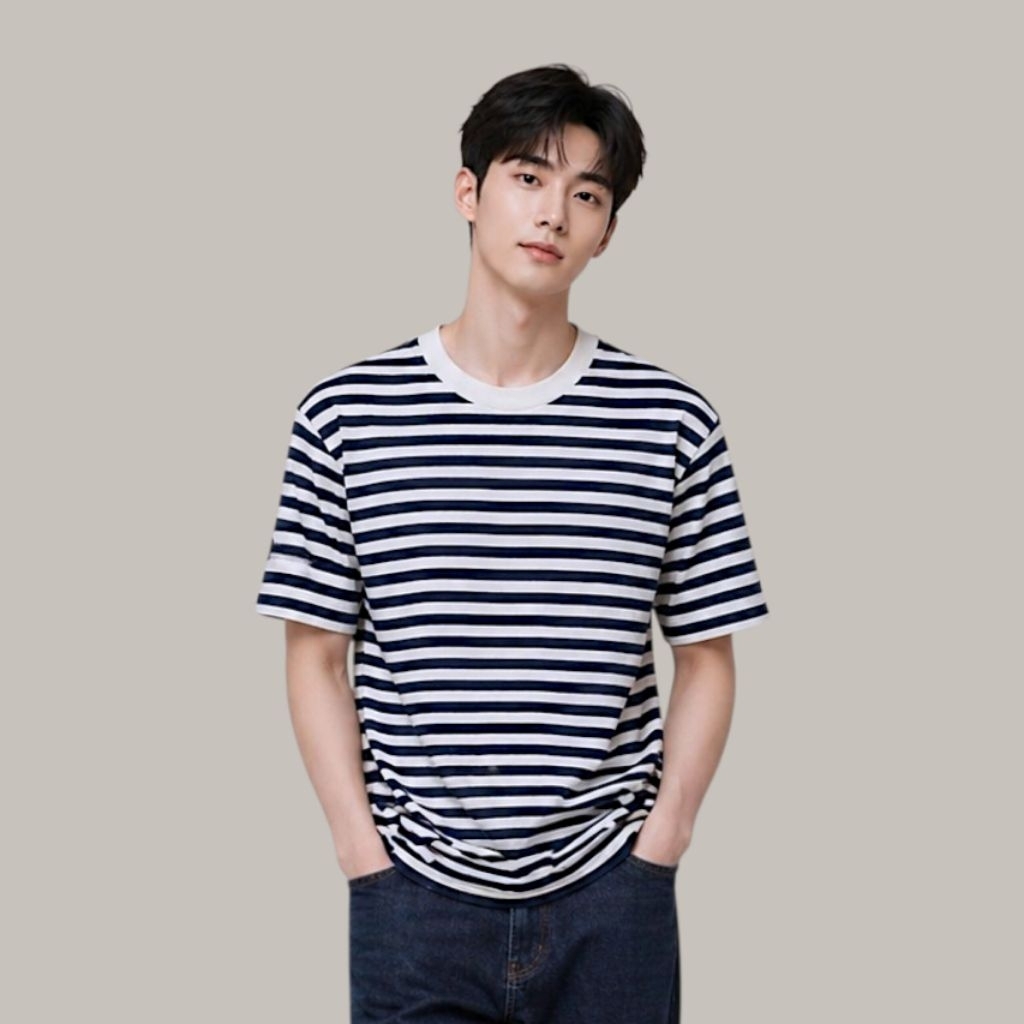 [New] 028 Bowen Tee | Baju Kaos Garis Putih Navy Atasan Pria Wanita Lengan Pendek Katun Tebal Oversi