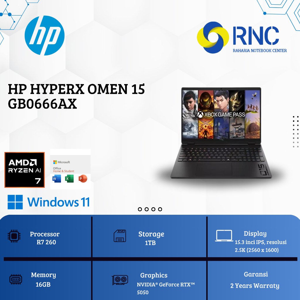 Laptop Gaming HP HYPERX OMEN 15 GB0666AX RYZEN 7 260 16GB 1TB RTX5050