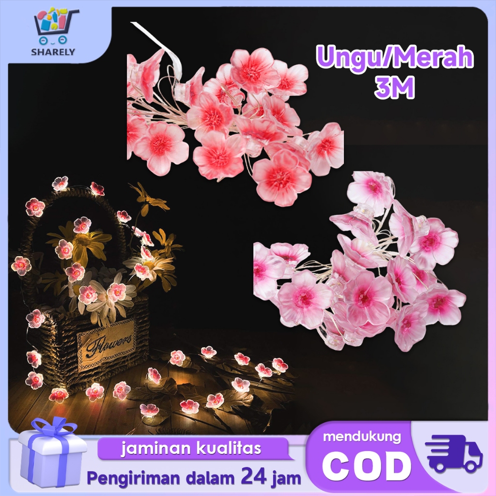 Lampu String LED Bunga Sakura Panjang 3m 30 Bunga Lampu Hiasan Taman Outdoor Lampu Kembang