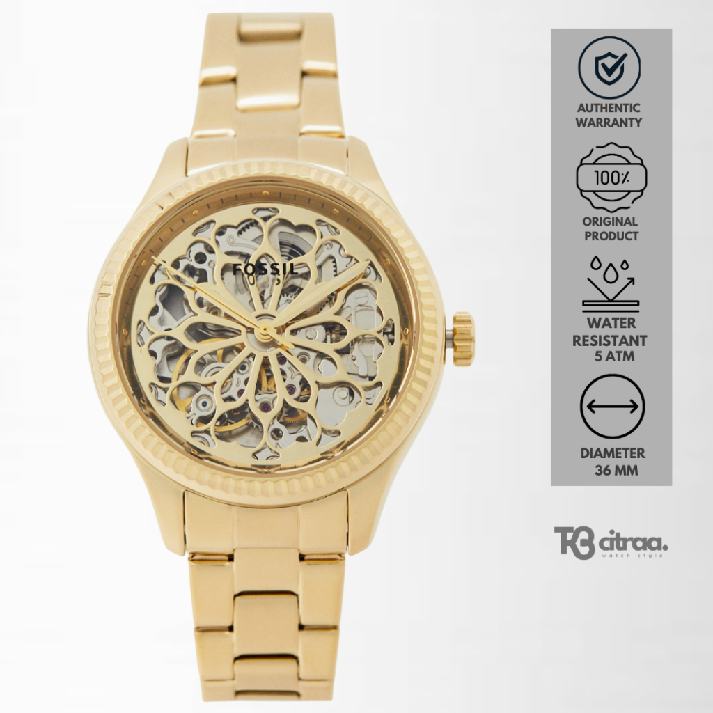 Jam Tangan Wanita Fossil Rye Automatic Gold Stainless Steel Mewah Original BQ3755