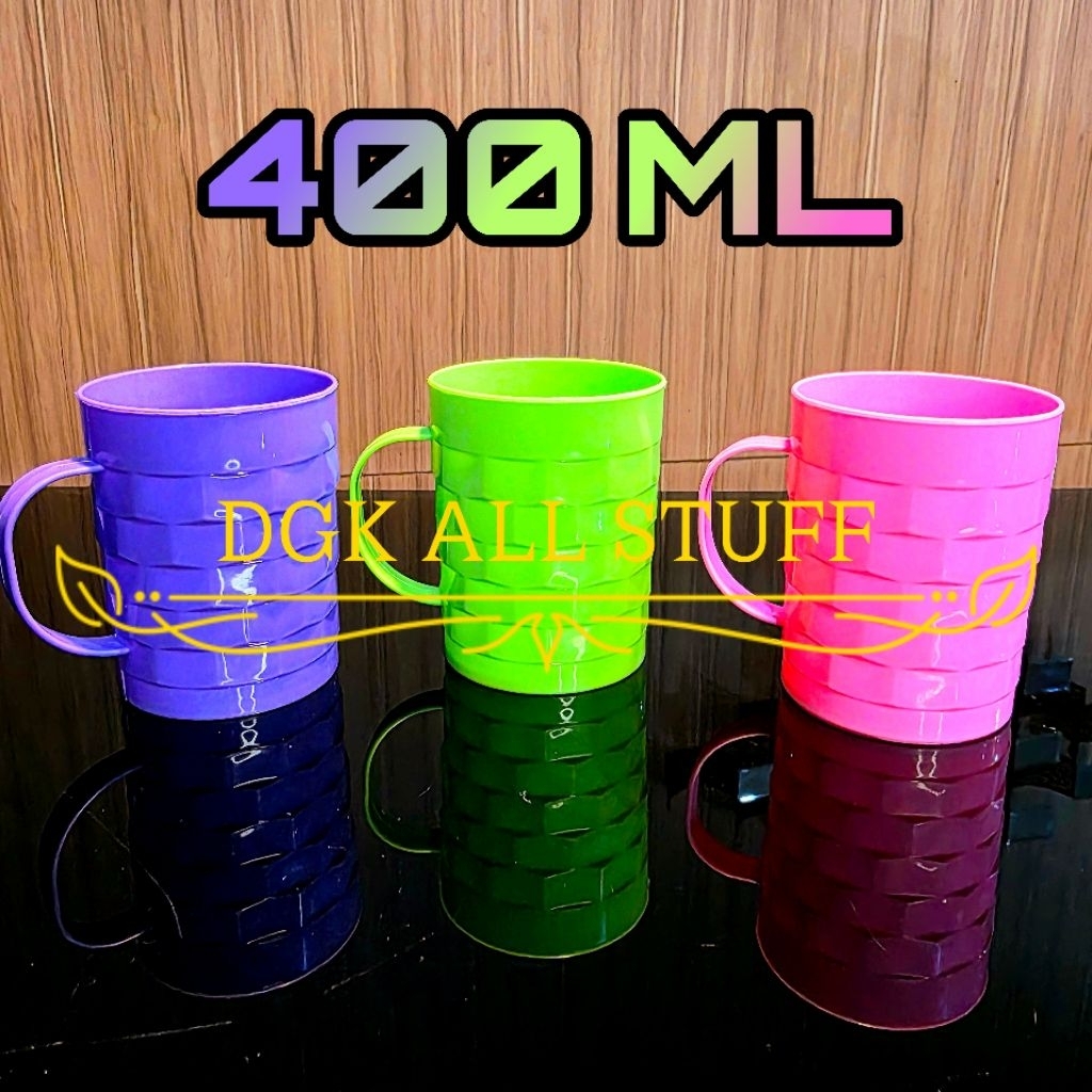 Mug Cangkir Gelas Gagang Bergagang Air Minum Es Teh Kopi Plastik BESAR JUMBO Motif Tikar Anyam Anyam