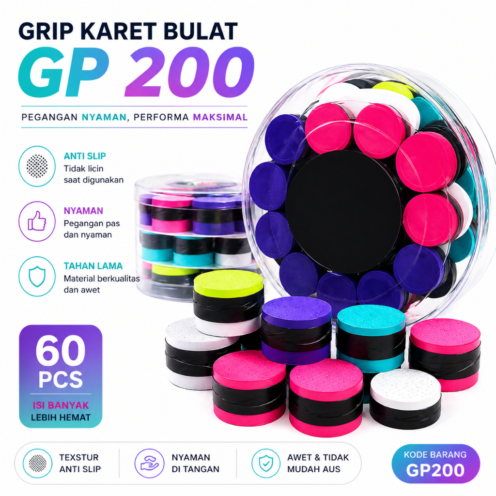Grip Raket Badminton GP200 60pcs Murah | Overgrip Karet Anti Slip Tebal Nyaman | Grip Raket Badminto