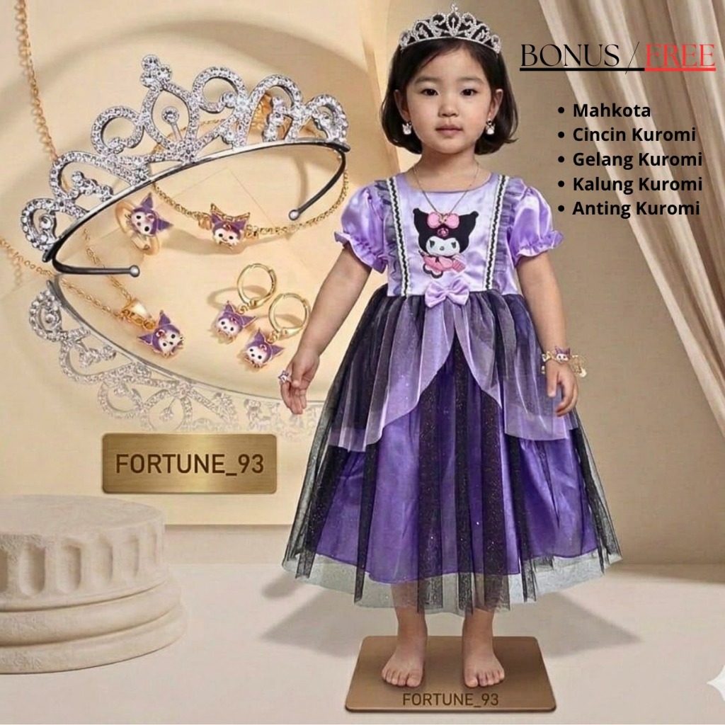 ( FREE BANDO & ACSESORIES KUROMI ) Gaun ultah  kuromi anak perempuan import korean style usia 3 - 8 