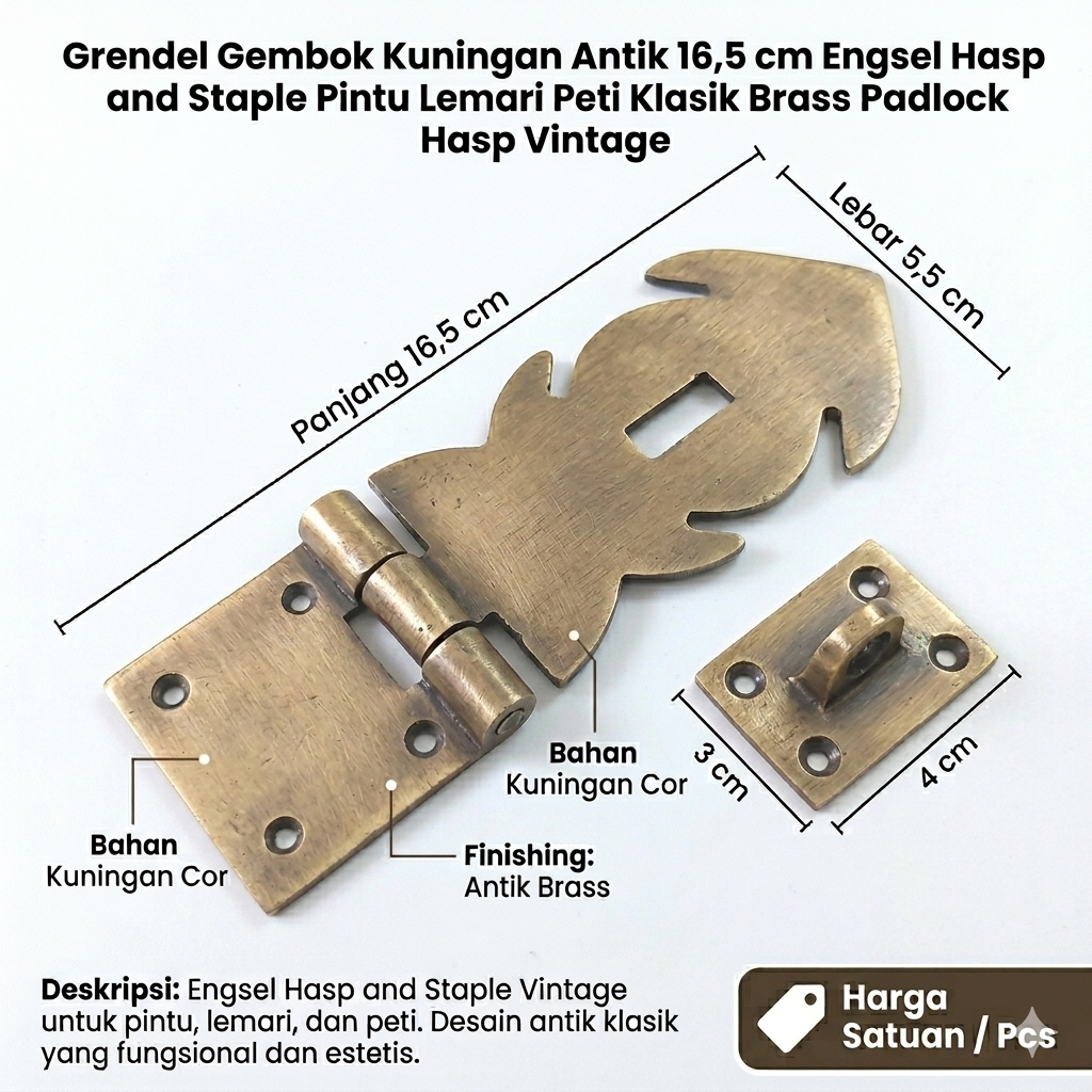 Grendel Gembok Kuningan Antik 16,5 cm Engsel Hasp and Staple Pintu Lemari Peti Klasik Brass Padlock 