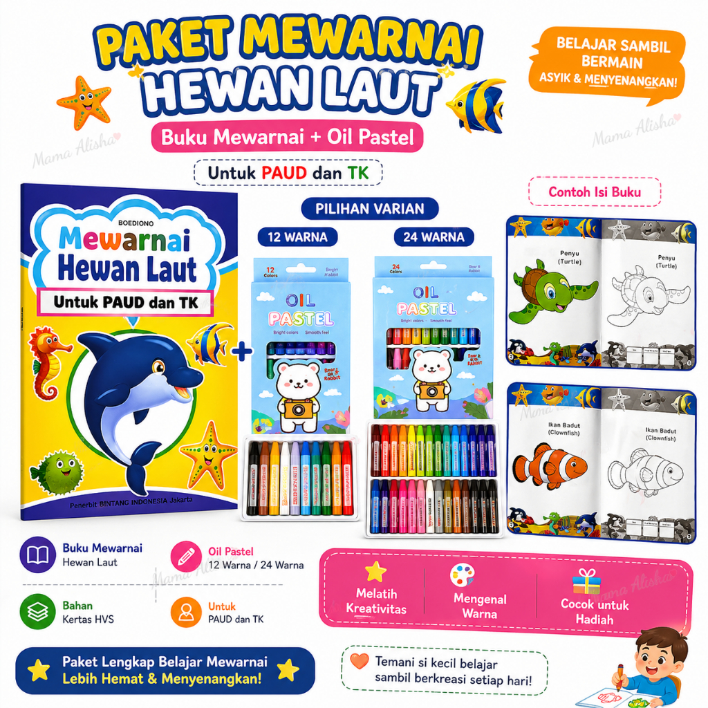Paket Mewarnai Anak PAUD TK Buku Mewarnai Hewan Laut dan Crayon 12 Warna 24 Warna