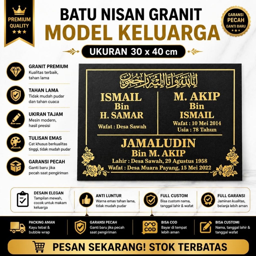 Batu nisan granit model keluarga ukuran 30x40cm