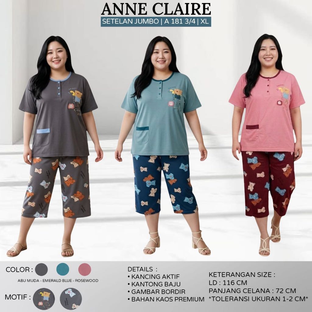 AC - BK - ANNE CLAIRE SETELAN DEWASA JUMBO Baju Tidur BabyDoll Lengan Pendek Celana Pendek - XL/2L