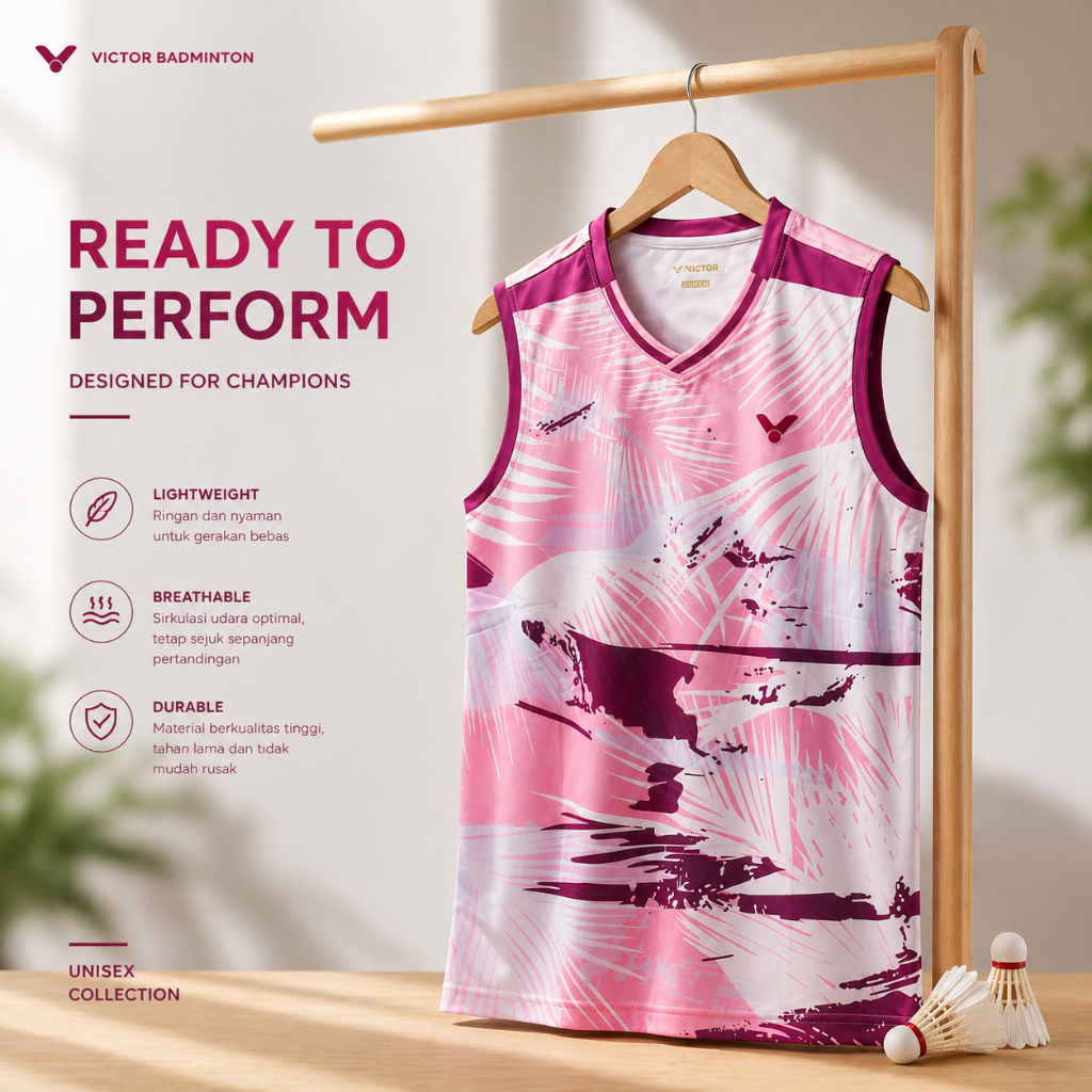 Singlet V2328s Pink Setelan Baju Kaos Badminton Import Pakaian Olahraga Pria Wanita Sport BISA COD B
