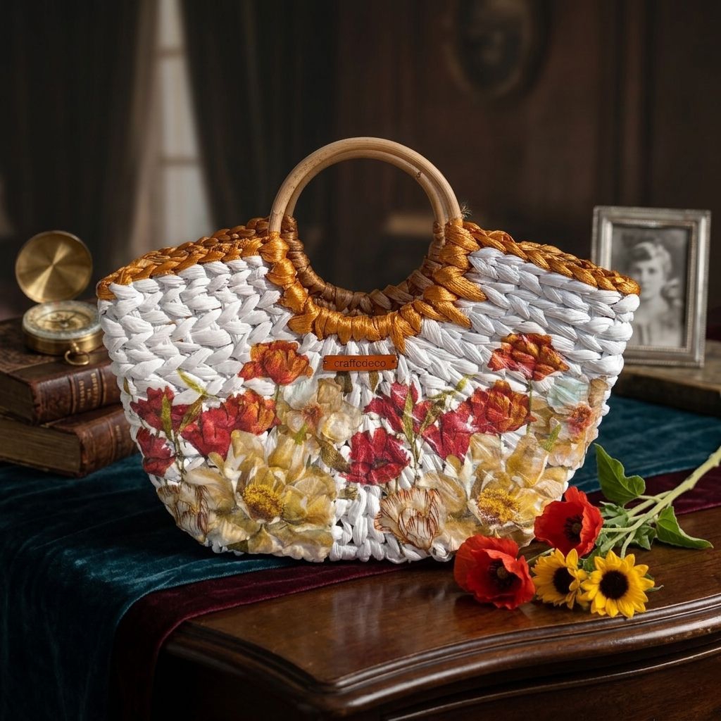 Tas Anyaman Handmade Wanita Craftodeco Motif Bunga Pegangan Rotan - Tas Pantai Estetik Summer Bag Ke