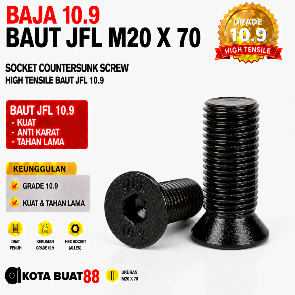 Baja 10.9 Baut JFL M20X70 / Baut Verseng L 20X70 / Countersunk L M20 X 70 / 20 X 70  - Socket Counte
