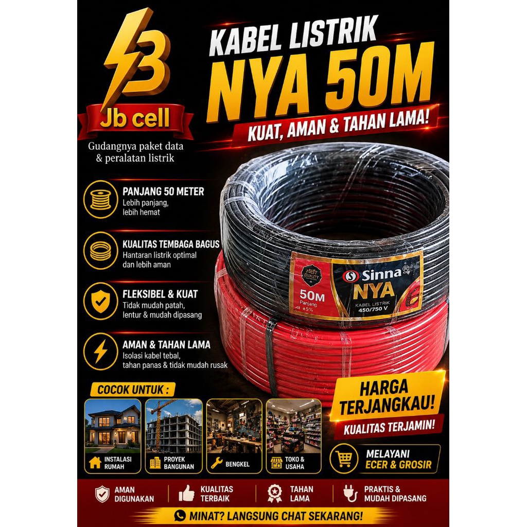 kabel NYA 50m kabel tunggal merah & hitam
