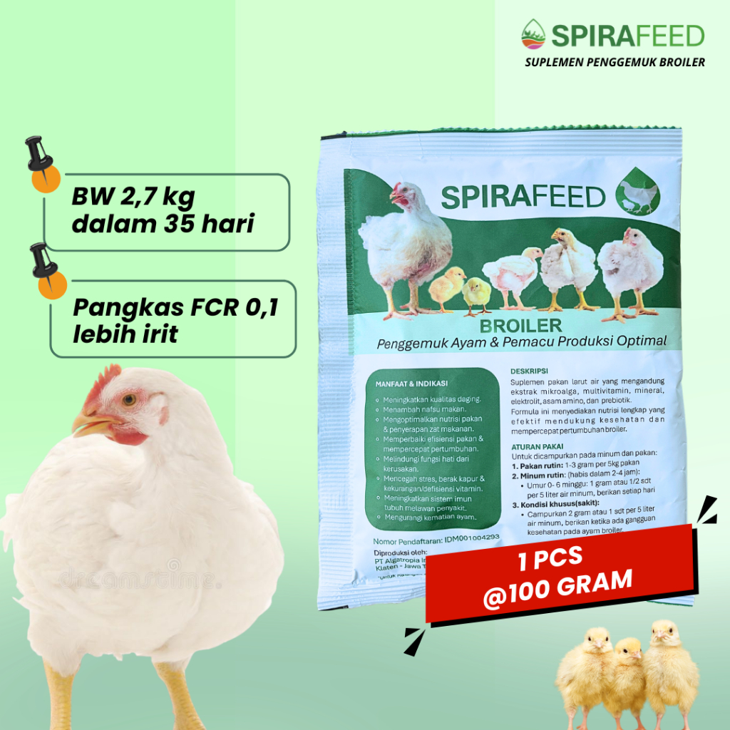 SPIRAFEED Broiler Suplemen Pakan Ayam | Penggemukan Ayam Broiler & Efisiensi Pakan 100gr