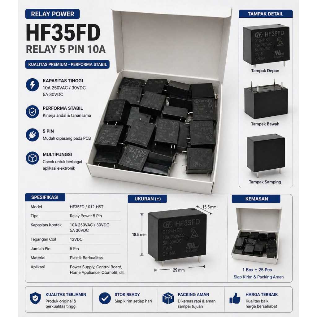 Relay Power HF35FD 012-HST 5 Pin 10A 12VDC PERPCS – Relay PCB Elektronik Otomotif Power Supply