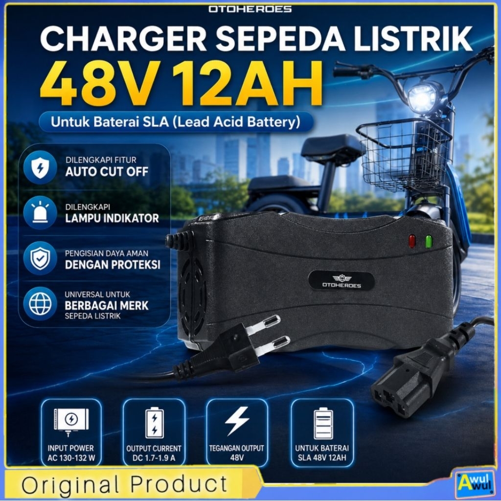 Charger Baterai SLA 48V 12Ah Universal Auto Cut Off Sepeda Listrik Universal Uwinfly Df5 Df7 romeo r
