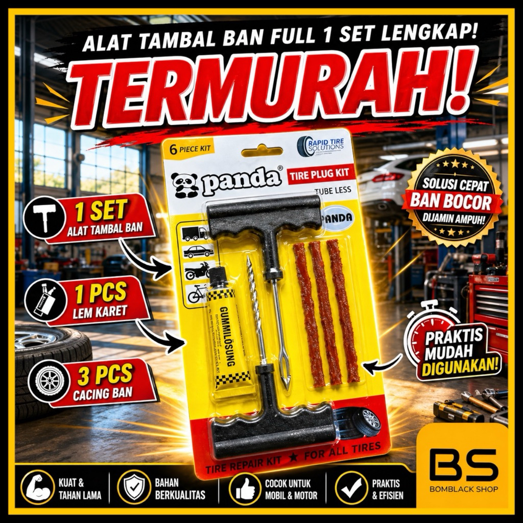 Alat Tambal Ban + Lem Tubles Tubeless Bocor Motor Mobil Set