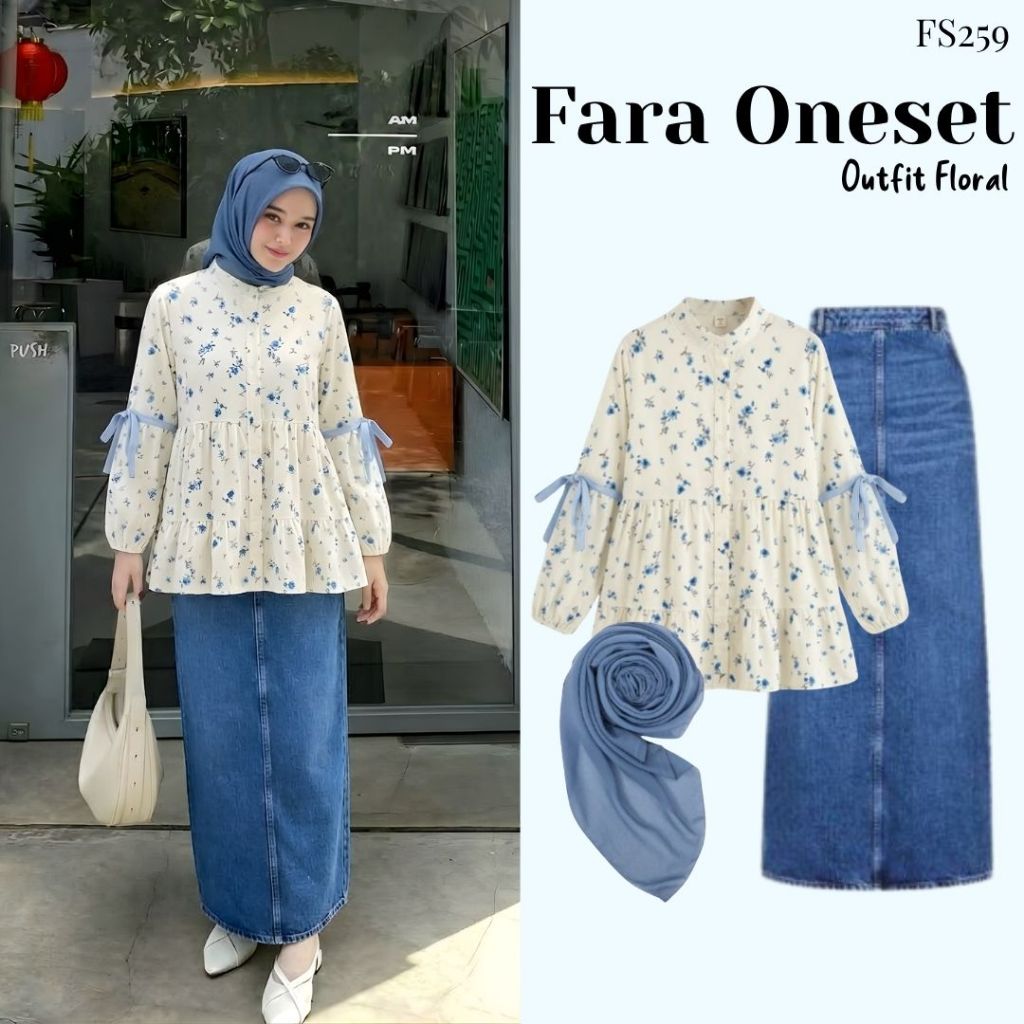 Fara One Set (Blouse Bunga, Rok Span Jeans, Hijab) Outfit Korean Style Floral Wanita Remaja Kekinian