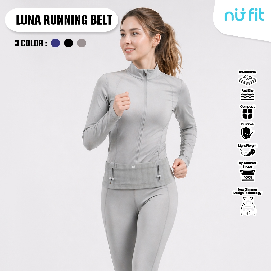 Nu Fit - (HITAM, ABU DAN BIRU) Luna Running Belt - Tas Lari Unisex dengan BIB - Tas Pinggang Olahrag