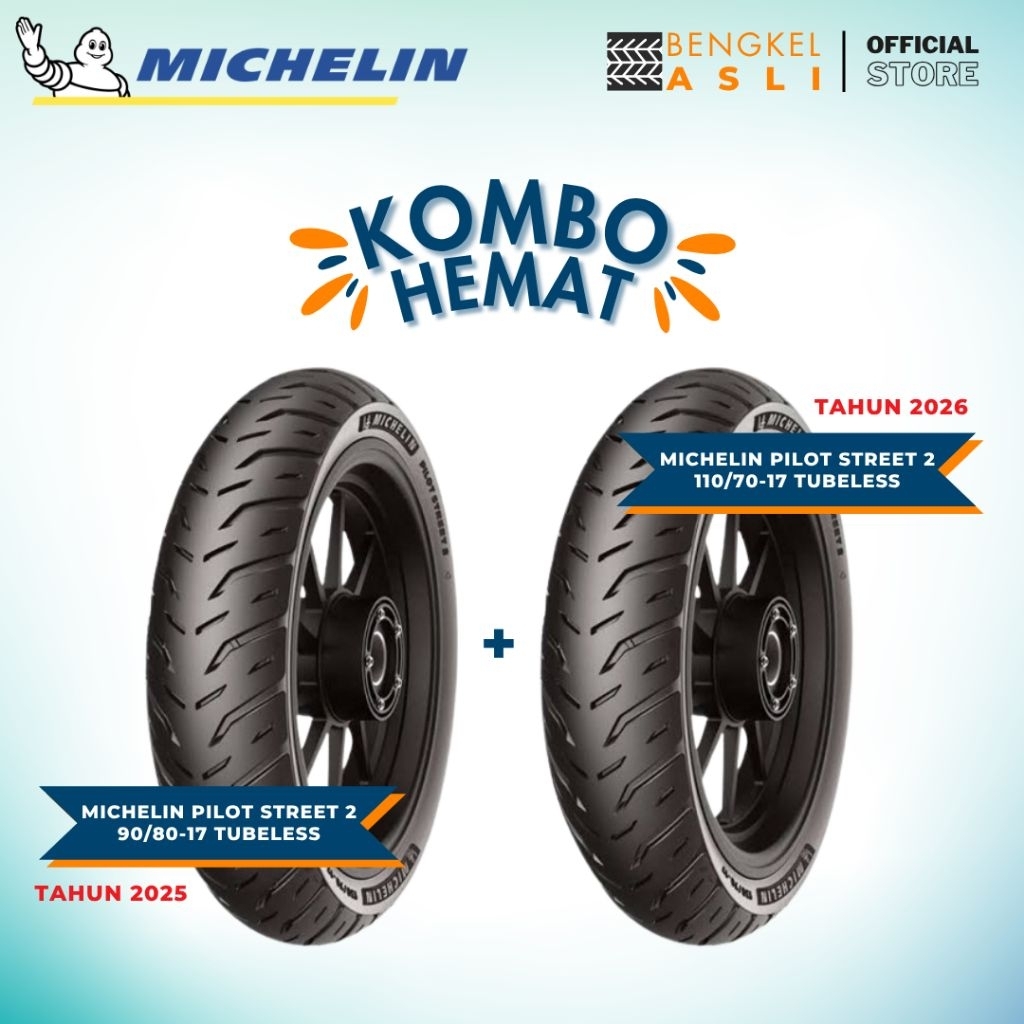 (KOMBO HEMAT 2 BAN TUBELESS) Ban Motor MICHELIN PILOT STREET 2 Ring 17 90/80-17 + Ban Motor MICHELIN