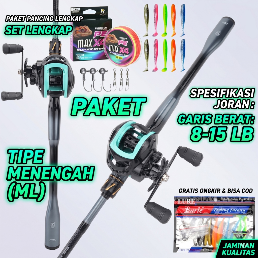 SET Alat Pancing Casting Lengkap Joran Carbon ML 8-15LB & Reel Baitcasting High Speed 18+1BB Soft Lu