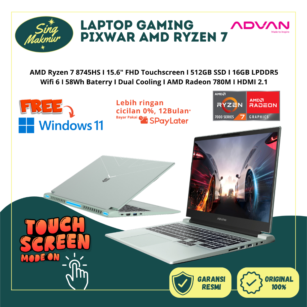 ADVAN Laptop Gaming Pixwar Touchscreen AMD Ryzen 7 8745HS / 6800H 16GB/512GB Display Touchscreen