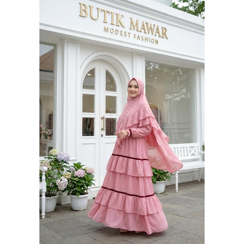 Diskon 81% plus plus syari premium set gamis maxy dress khimar 2layer ceruti babydoll jersey impor