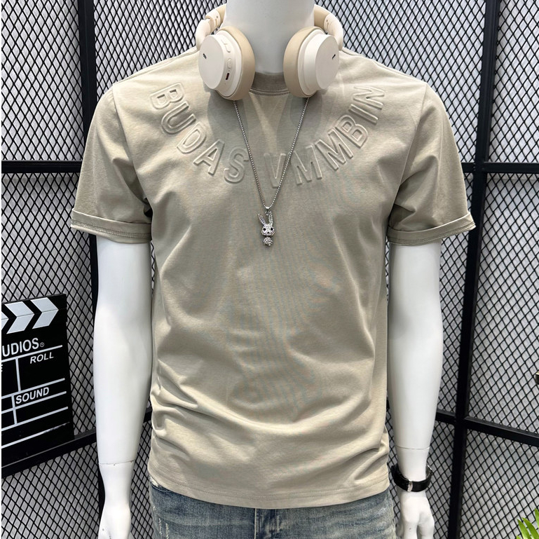 T-shirt trendi bordir lengan pendek pria huruf stempel baja longgar