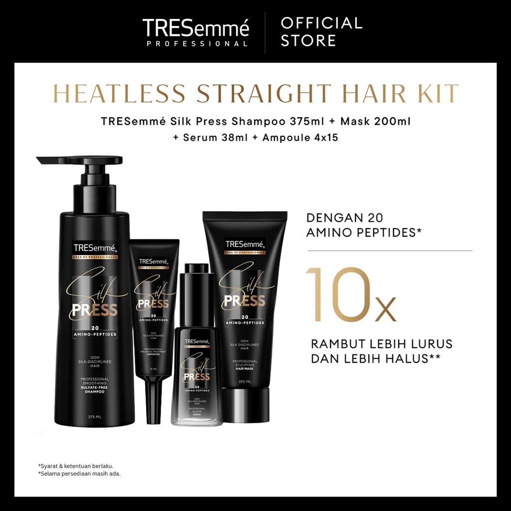 [Heatless Straight Hair Kit] TRESemme Shampoo Silk Press 375ml + TRESemme Mask Silk Press 200ml + TR