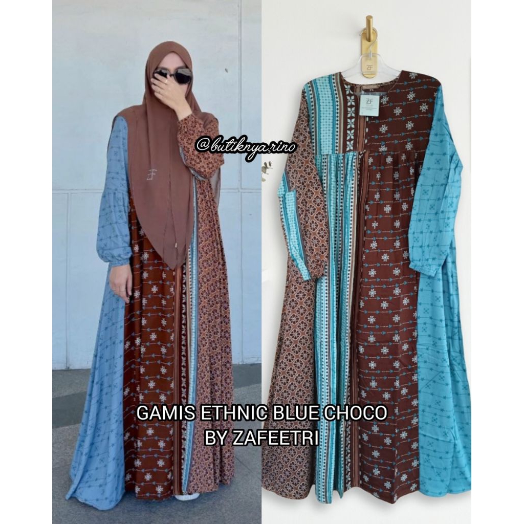 GAMIS BASIC ETHNIC BLUECHOCO BY ZAFEETRI (GAMIS SAJA) // GAMIS SYARI RAYON MOTIF
