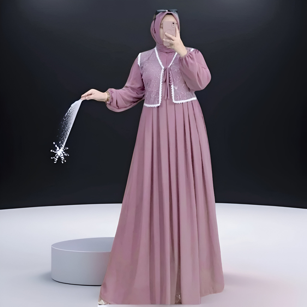 Mustika Colections Gamis Ceruty Babydoll Premium Mix Rompi Brokat Full Furing Warna Dusty Pink | Gam