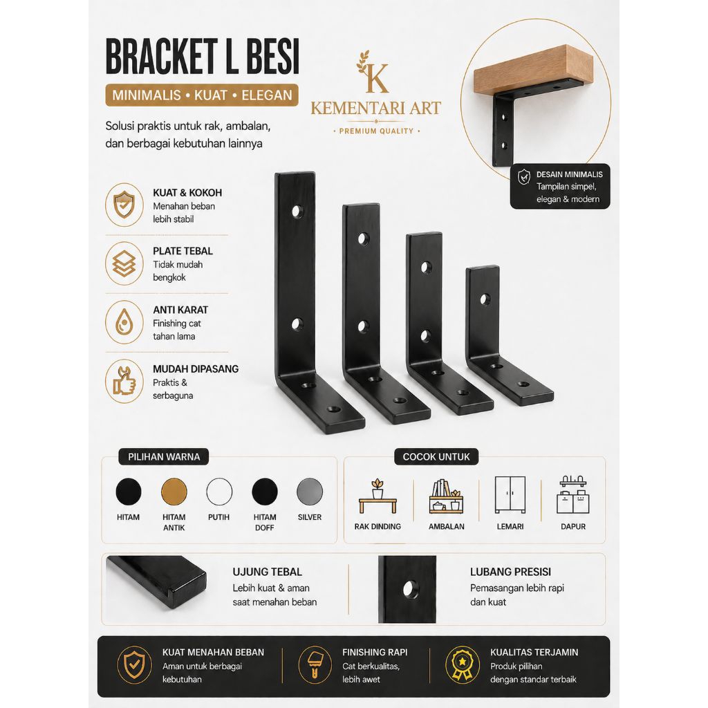 bracket besi siku L rak tempel dinding / besi penyangga rak pangkon dinding