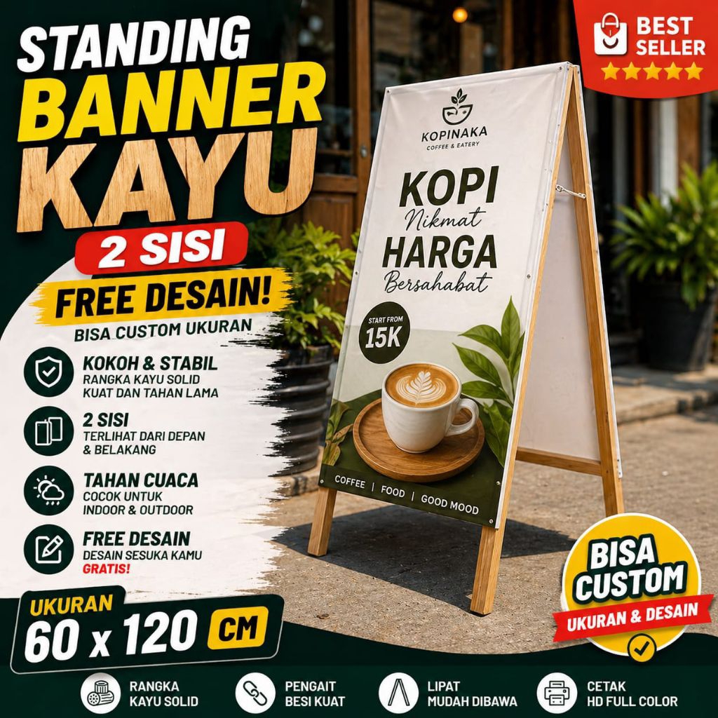 (FREE DESAIN) STAND BANNER KAYU / STANDING BANNER LIPAT RANGKA+ BANNER + DESAIN