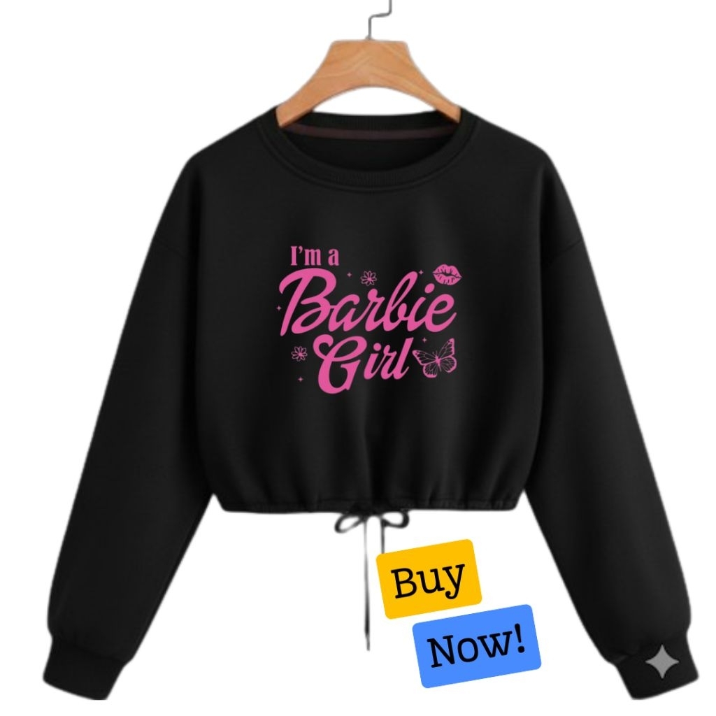 Baju Atasan Anak Perempuan Sweater Serut Bawah Barbie Girl Crewneck Crop Top Lengan Panjang Korea St