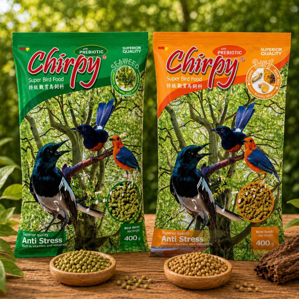 PAKAN HARIAN BURUNG MURAI KACER VOER PELET CHIRPY SEAWEED HIJAU DAN KUNING 400GR