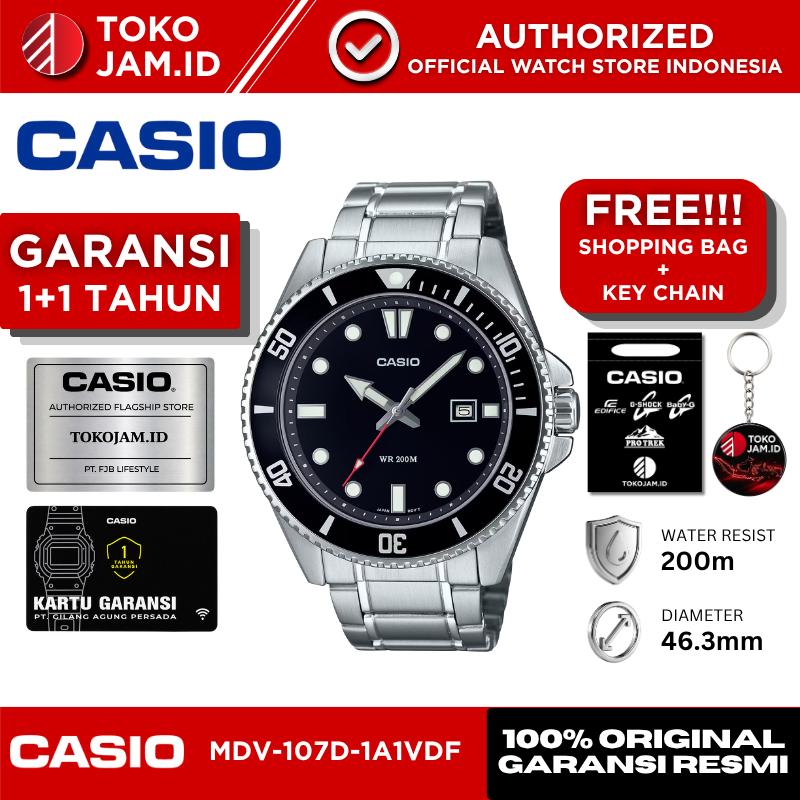 Jam Tangan Pria Casio MDV-107D-1A1VDF Original Analog Diver Black Stainless Steel 200M Water Resista