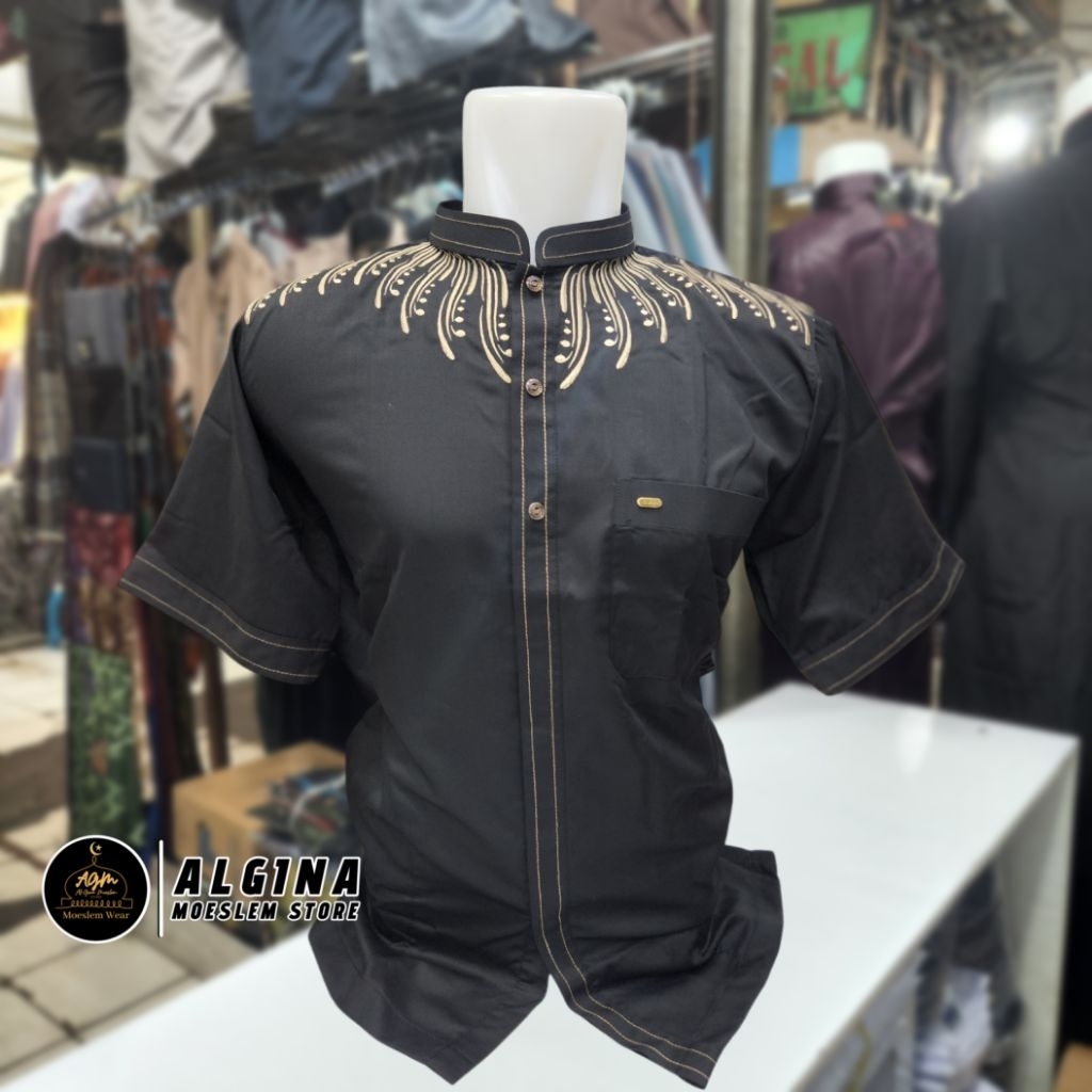 Koko Al Wafa Hitam Lengan Pendek Bordir Kancing Thailand| Baju Muslim Lengan Pendek Al Wafa Premium 