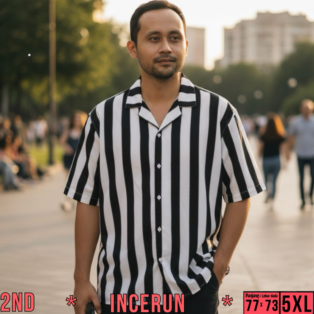Kemeja Garis Pria Incerun Hitam Putih Size 5XL (77x73)cm