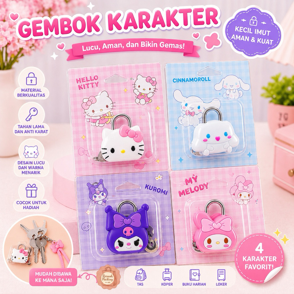 Gembok Karakter Lucu Sanlio Mini gembok Kunci Tas Anti Karat | 6 Desain Imut | Cocok Hadiah Anak