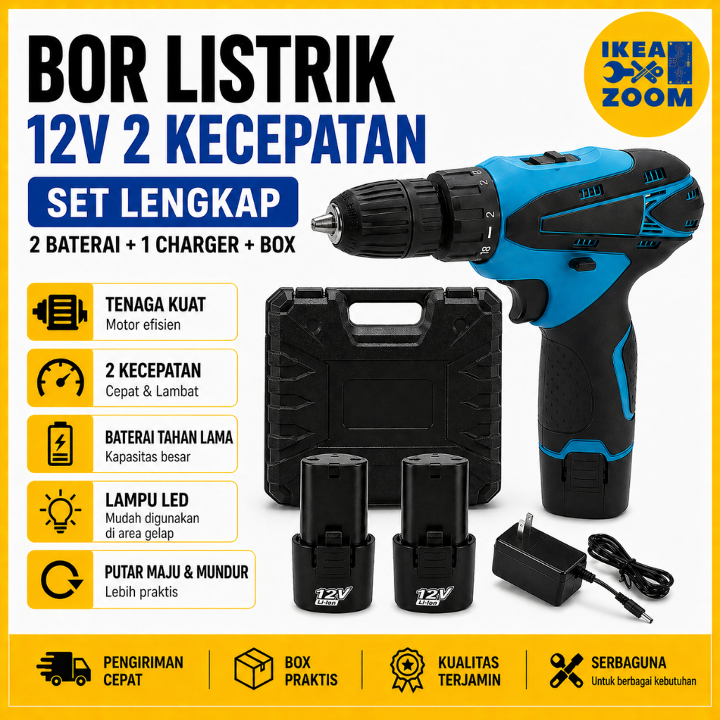 Bor Listrik 12V 2 Kecepatan Set Lengkap – 2 Baterai + Charger + Box | Obeng Bor Cordless Multifungsi