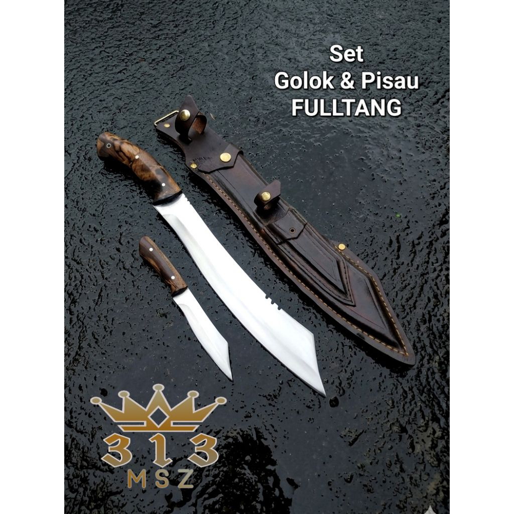 Bushcraft Fulltang Pisau+Golok Baja Sepuh Outdoor Kit Multifungsi 313msz