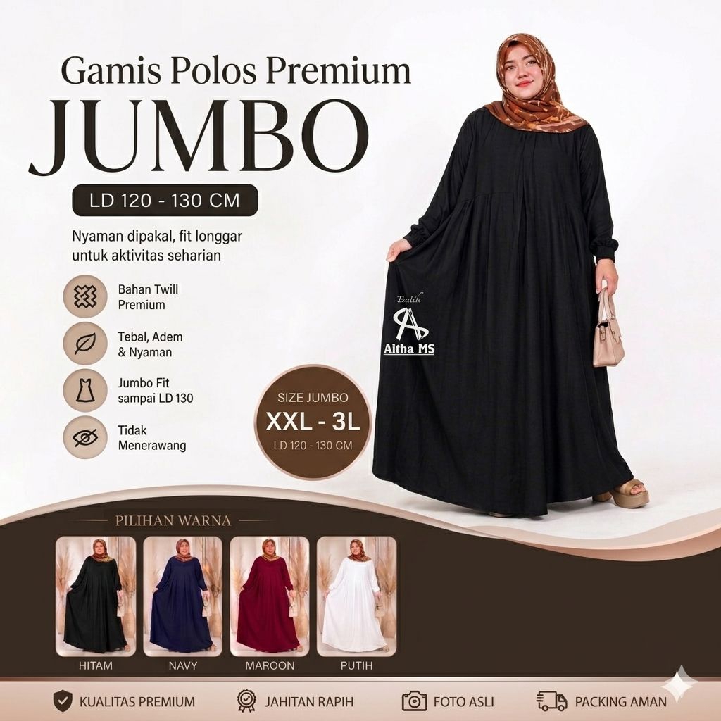 Gamis Polos Jumbo Ld 130cm Batik Premium Adem Bahan Twill Ori Tebal Busui Warna Hitam Dress Wanita M