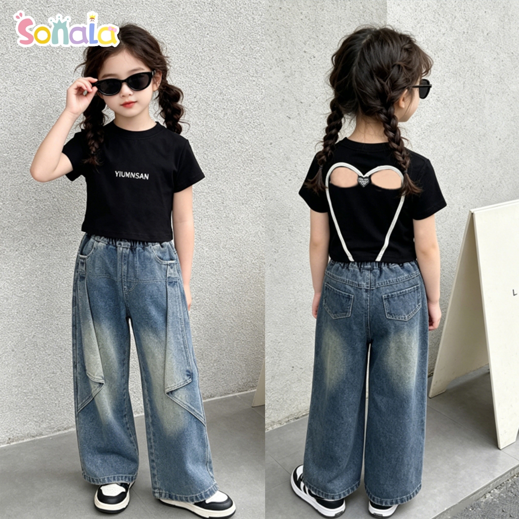 Setelan Jeans Anak Perempuan 2-10 Tahun Fashion Kaos Pola Hati Berongga+ Celana Panjang Desain Jeans