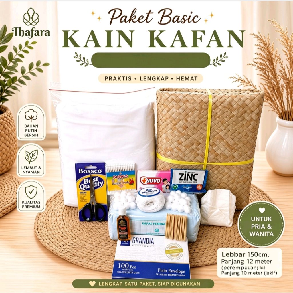 Perlengkapan Kain Kafan Jenazah Paket Basic Laki Laki - Perempuan | Kain Kafan | Kain Mori