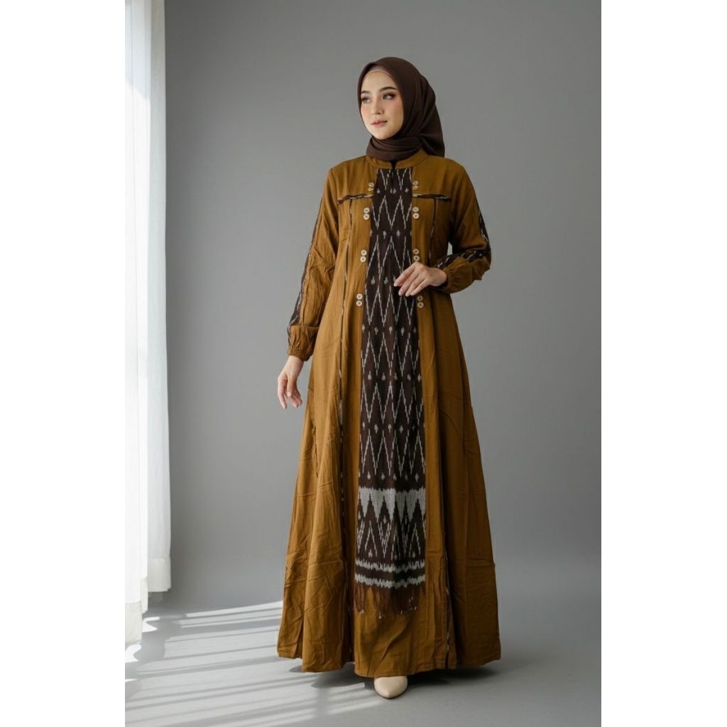 (READY) GAMIS TWILL ETNIK POLOS KOMBINASI TENUN SONGKET TROSO RAYON TWILL UNIQLO