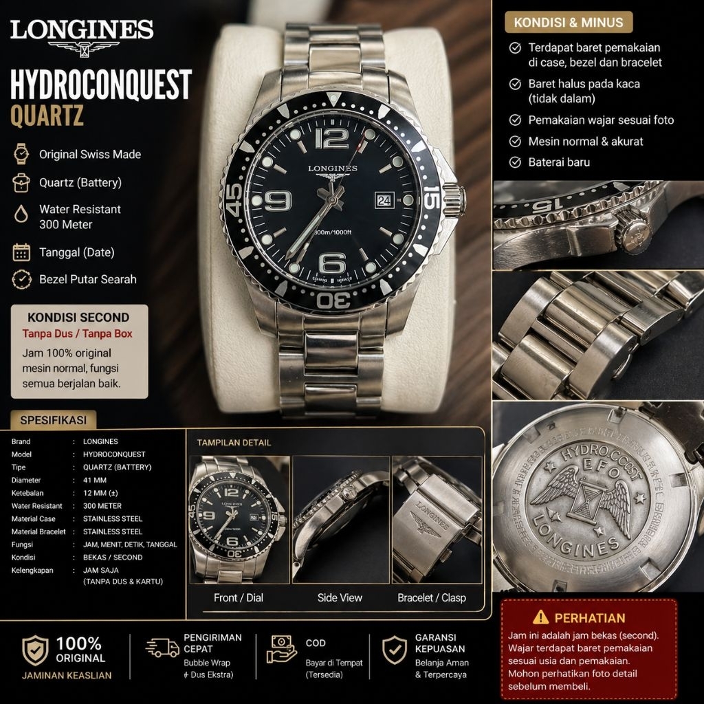Longins HydroConquest Quartz 41mm Original Swiss Diver 300m Full Steel – Jam Tangan Pria Second